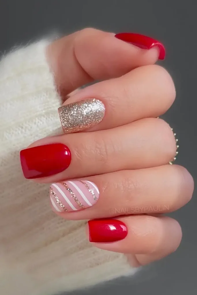 Short gold and red Christmas nails. by nailsbypaulin