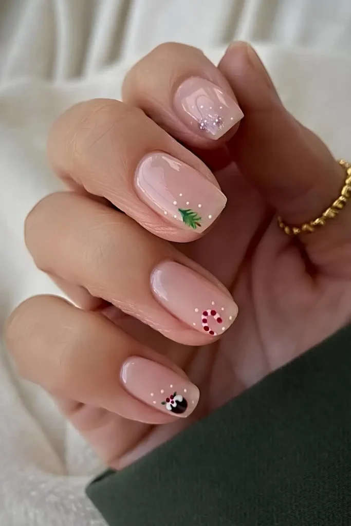 Short milky nails with micro Christmas art. by lindseysbeautylounge1