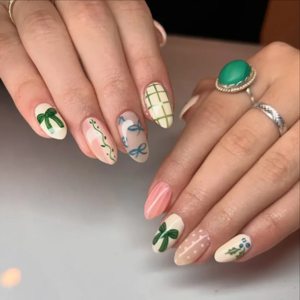 Soft cream, matcha, blush, and dusty blue palette. by nailsbybrinley