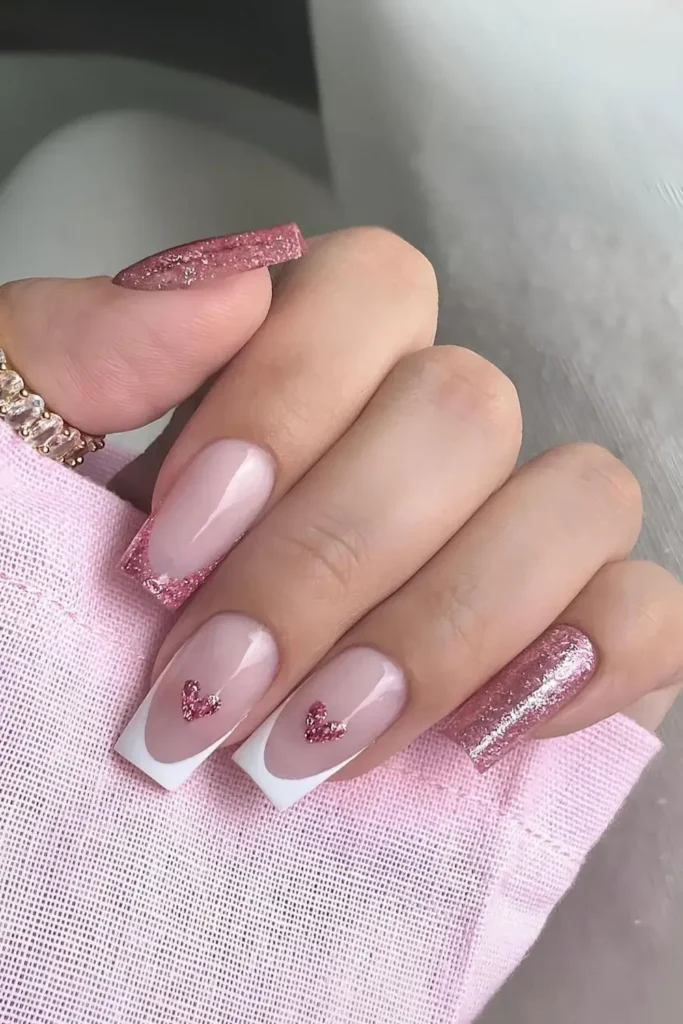White French tips with rose gold glitter nails and sparkly hearts. by nailzkatkat