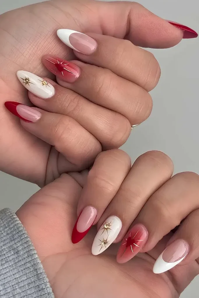 White and red nails with gold stars and hearts. by nailzzbysteph