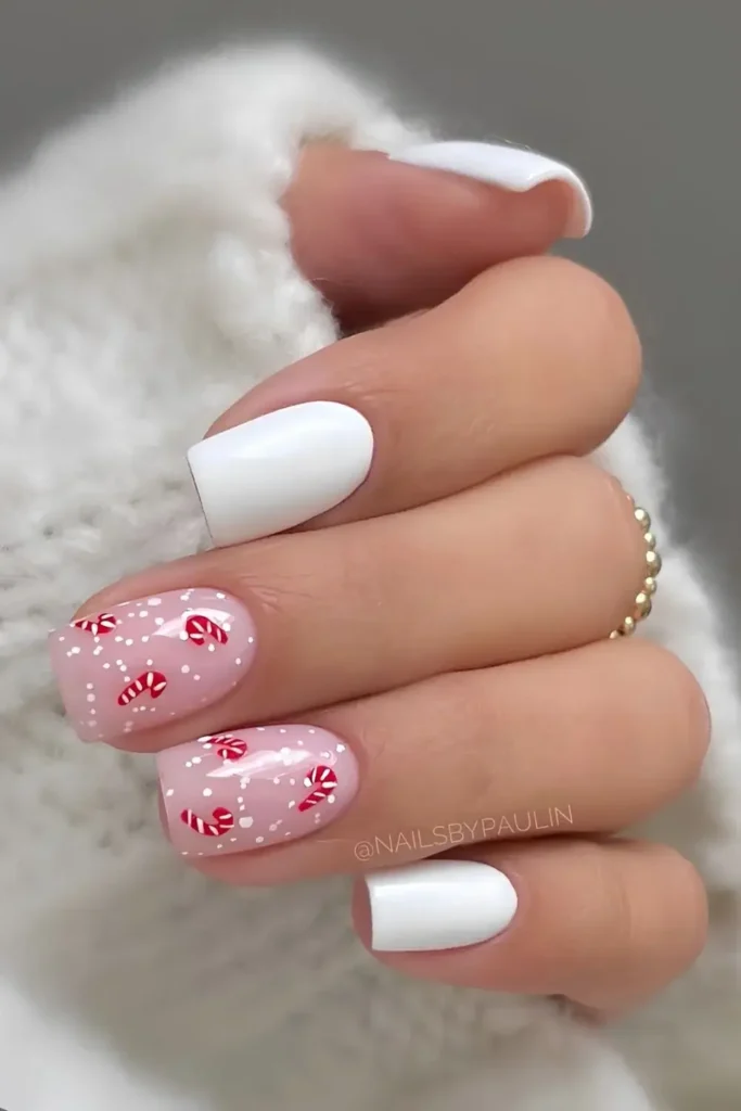 White nails with candy cane art. by nailsbypaulin