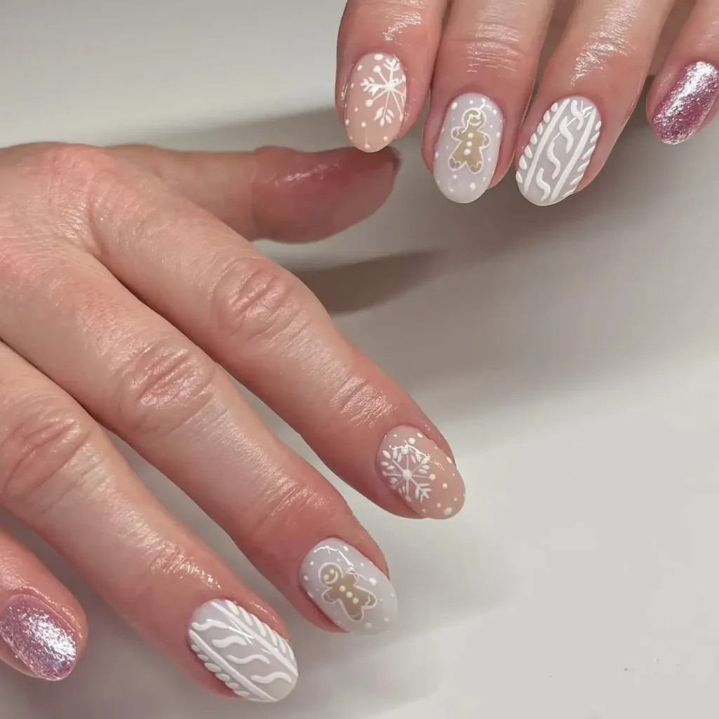 Neutral white base with snowflakes and gingerbread art. by karin.nailedit