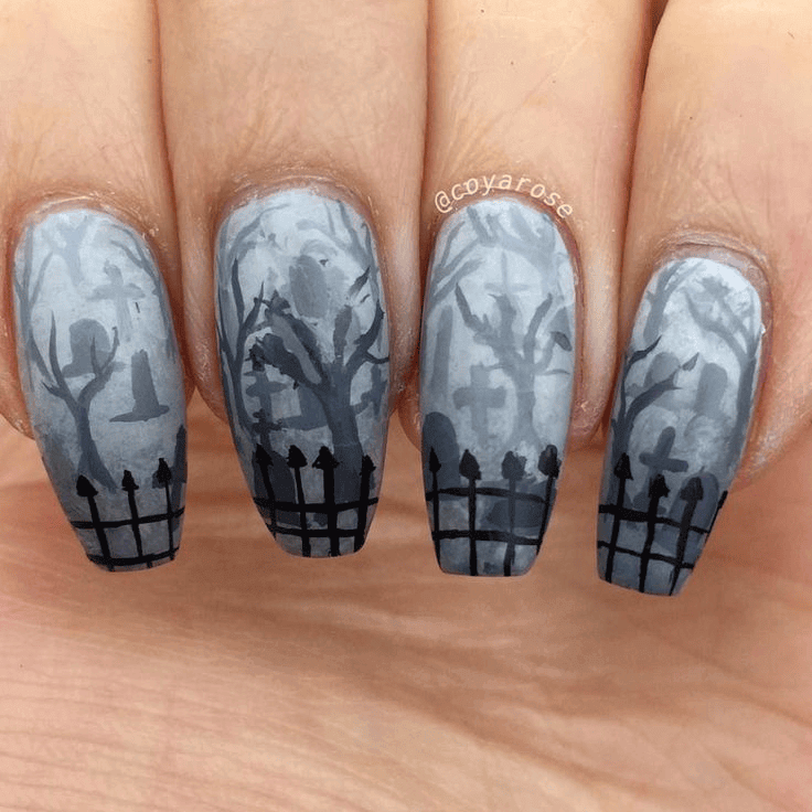 Moon foil graveyard Halloween nails by nailbeautyguide